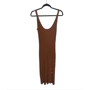 Zara Ribbed Brown Maxi Dress Button Slit Size Small Tank Low Open Back